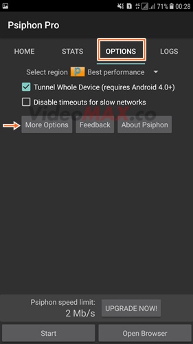 psiphon pro vdieomax option